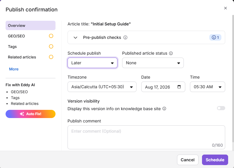 Publish confirmation dialog in the article editor showing the Overview panel