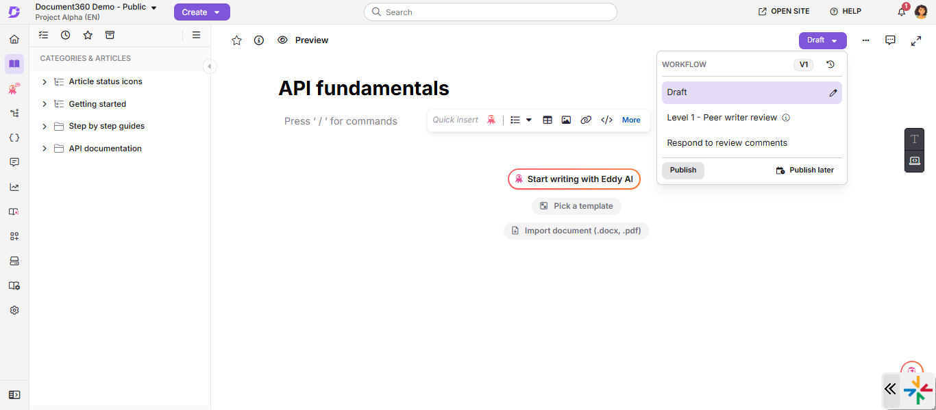 Publish confirmation dialog in Document360