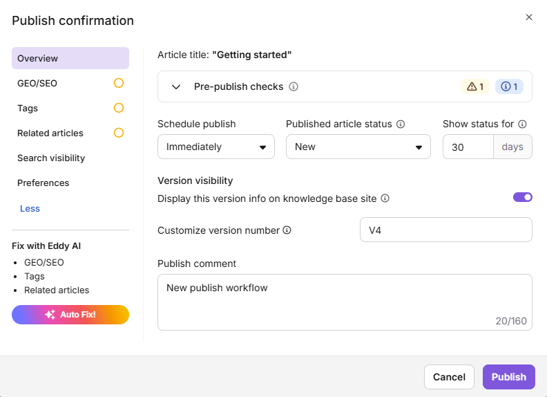 Publish confirmation interface showing article title, status, and options for scheduling.