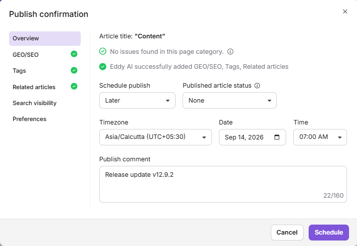 Publish confirmation dialog in the article editor showing the Overview panel