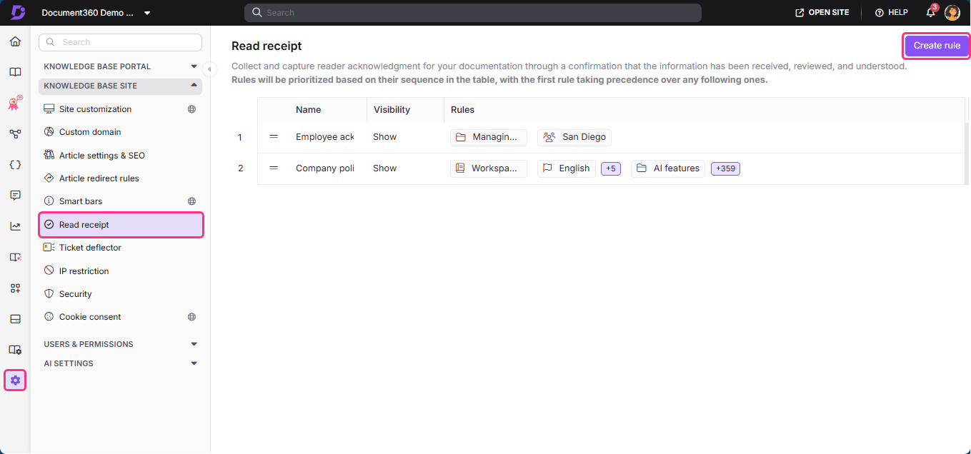 Settings menu displaying read receipt options and rules for documentation acknowledgment.
