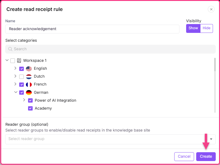 Creating a read receipt rule with categories and reader group selection options.