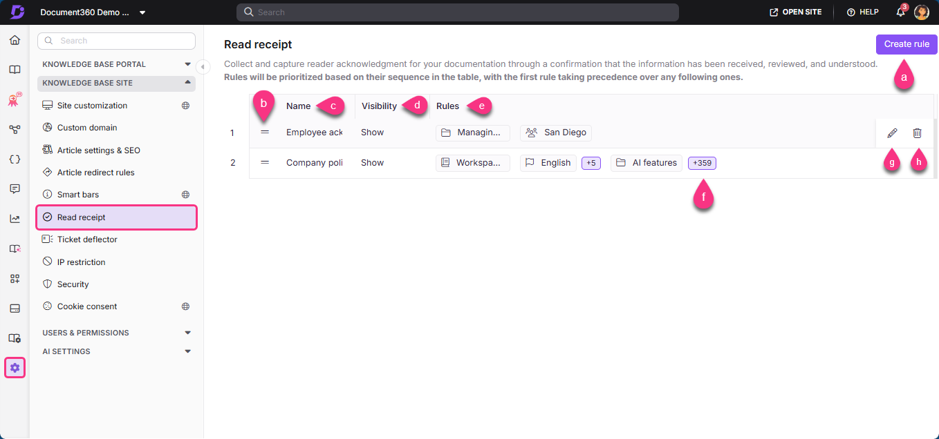 Interface showing read receipt settings with highlighted options for visibility and rules.