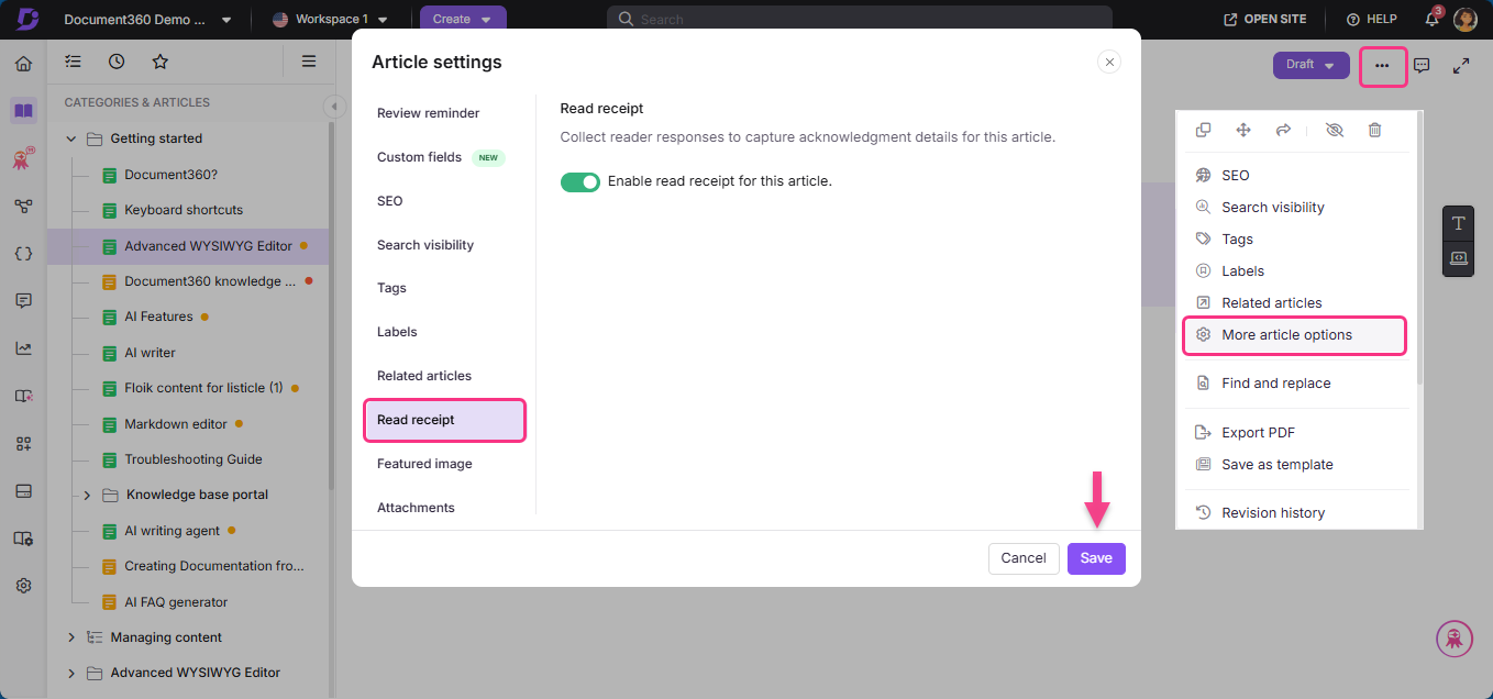 Settings menu showing options for enabling read receipts and saving changes.