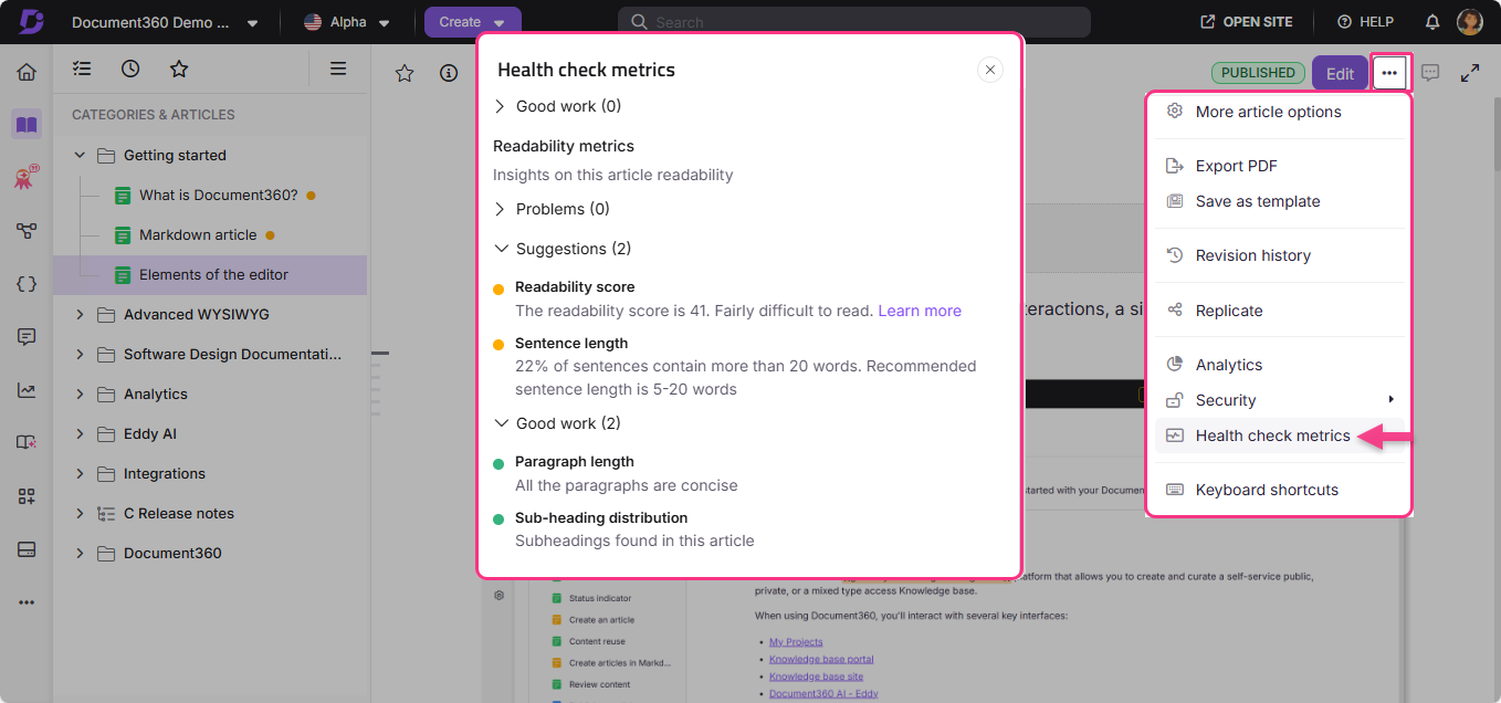 Health check metrics display readability scores and suggestions for improving article quality.