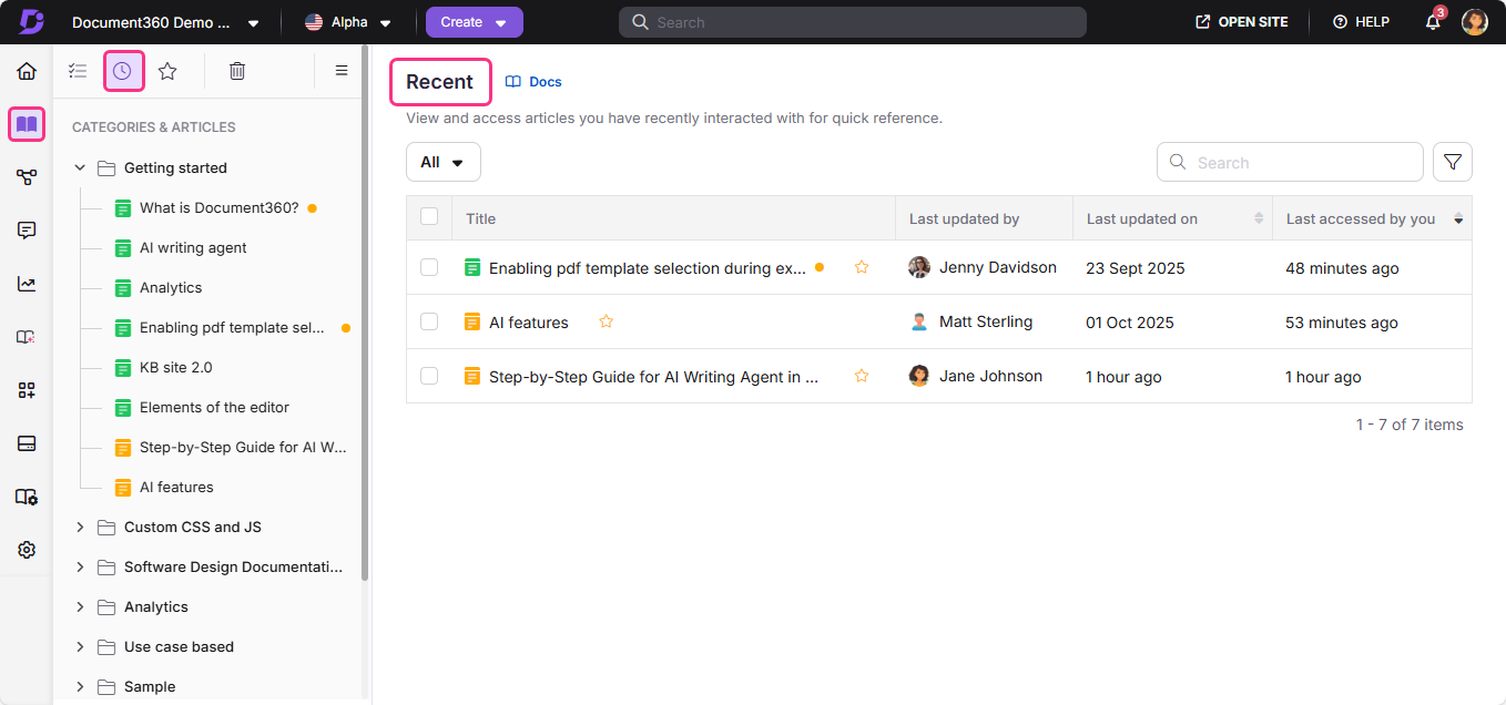 Document360 interface showing recent articles and categories for quick access.