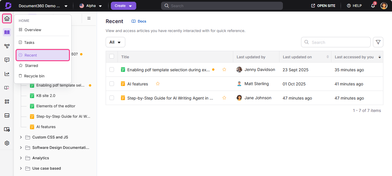 Document360 interface showing recent articles and user activity for quick access.