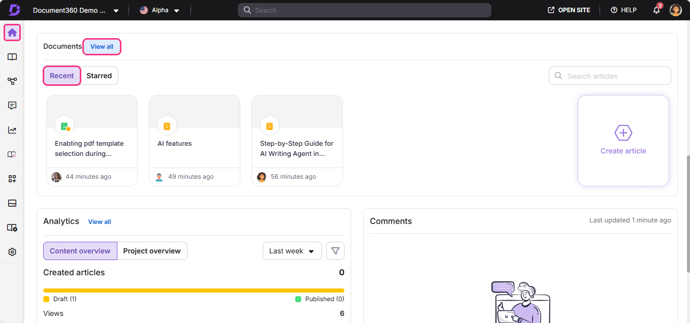 Document360 interface showing recent documents and article creation options.