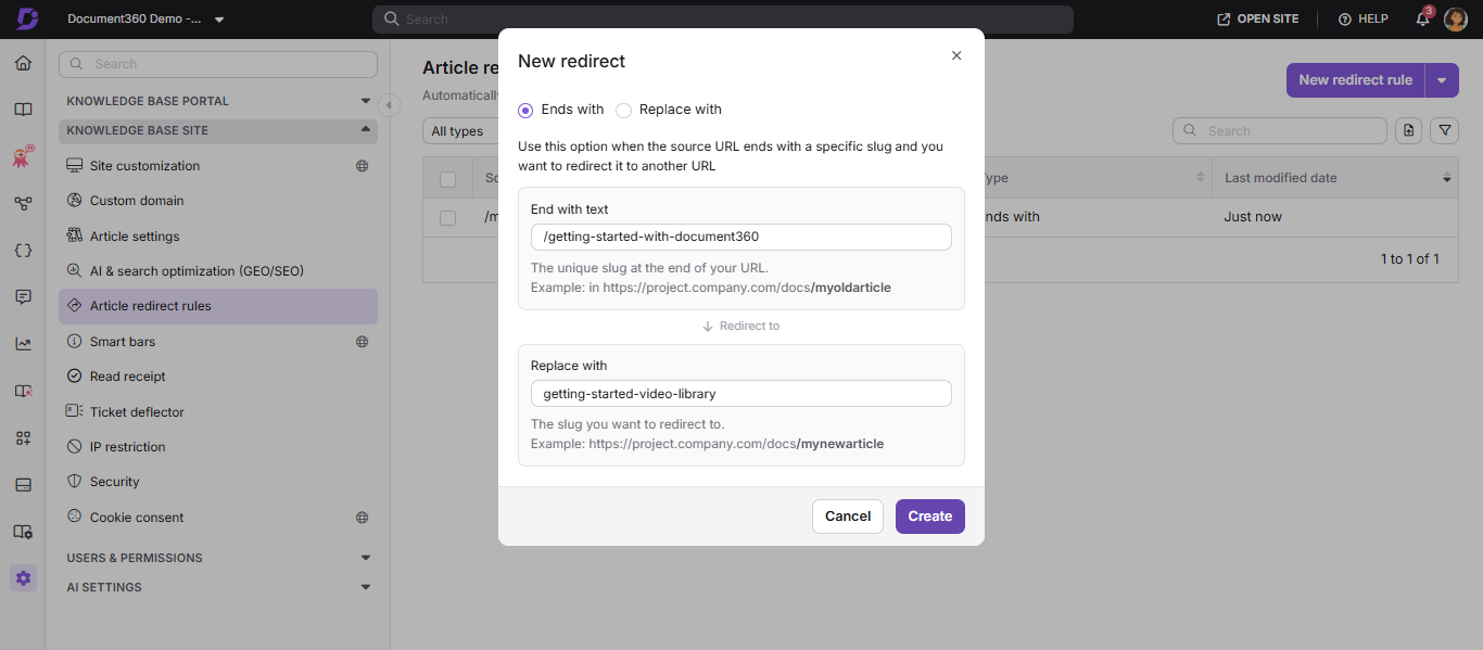 New redirect rule panel showing Ends with configuration