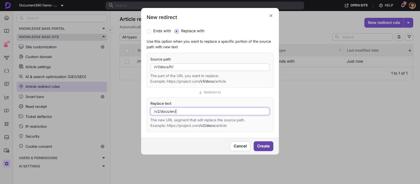 New redirect rule panel showing Replace with configuration
