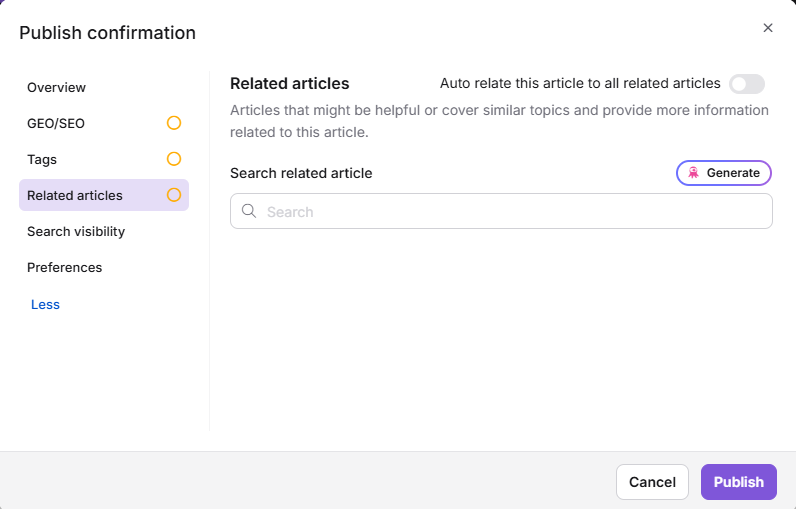 Related articles panel with Eddy AI suggestions and manual search in the publish dialog