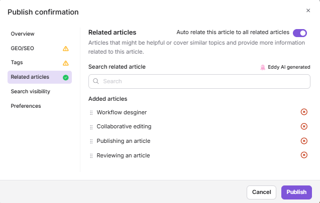Related articles panel with Eddy AI suggestions and manual search in the publish dialog