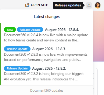 Notification panel displaying latest updates for Document360 versions and enhancements.