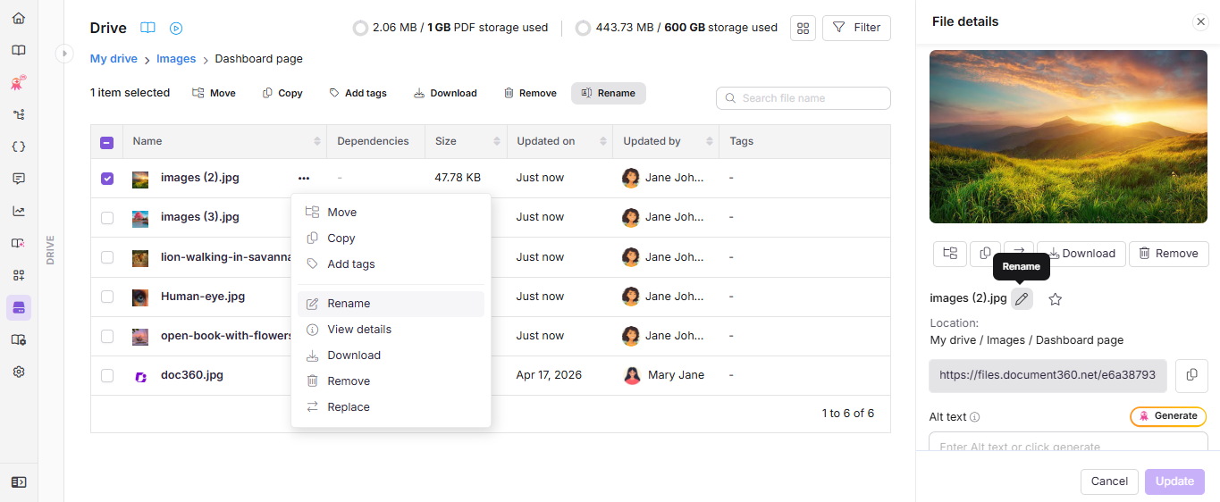 File actions in Drive - Add tags and alt-text