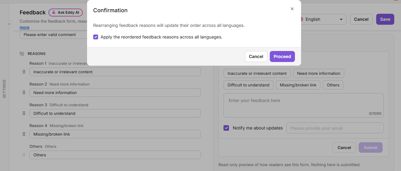 Confirmation dialog warning that a renamed reason applies to past feedback, with current name, new name, and feedback count