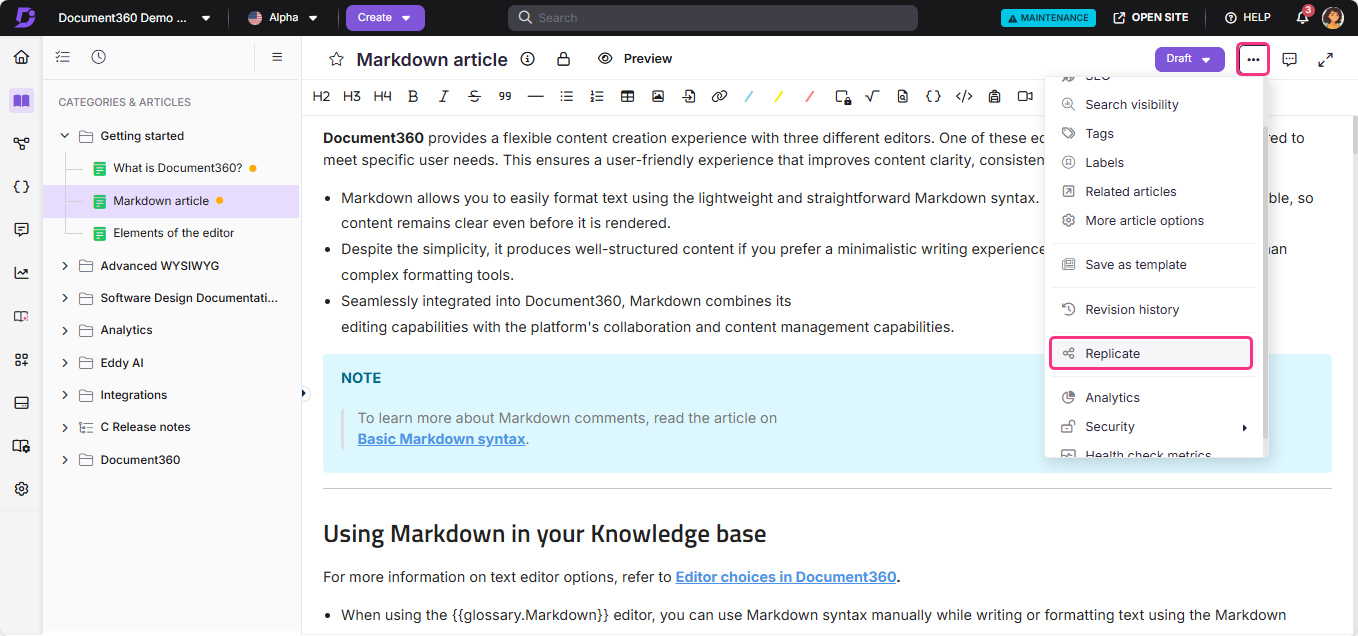 Document360 interface showing Markdown article editing options and navigation menu.