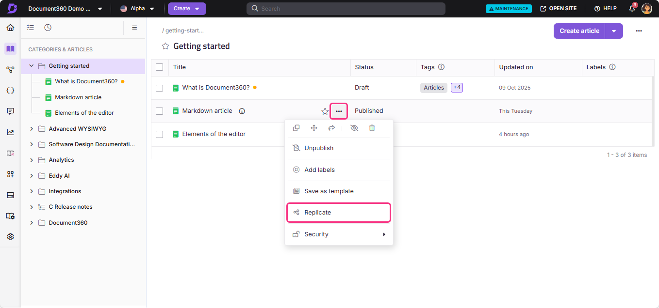 Document360 interface showing article management options and the replicate feature highlighted.