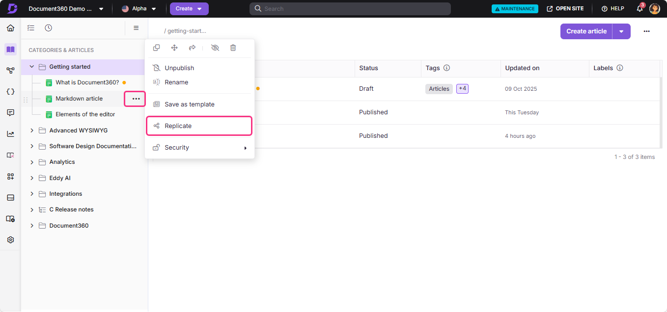 Menu options for managing articles in Document360, highlighting the replicate feature.