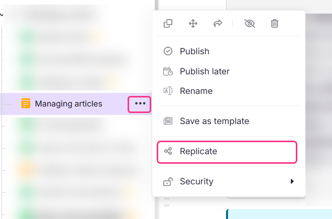Replicate option in the More menu of the Categories and Articles pane