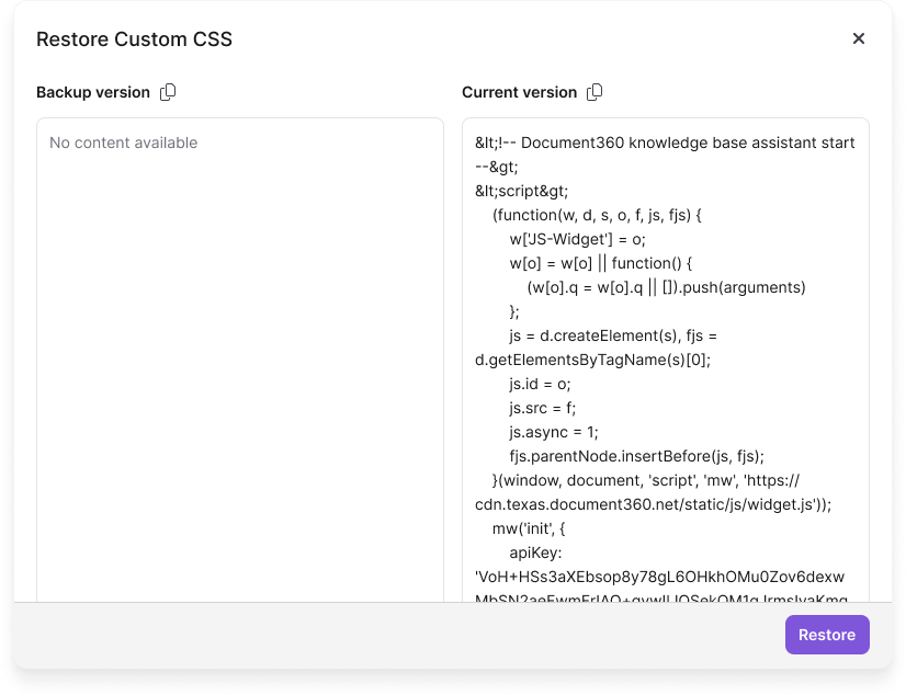Restore custom CSS panel showing the backup version and the current version side by side.