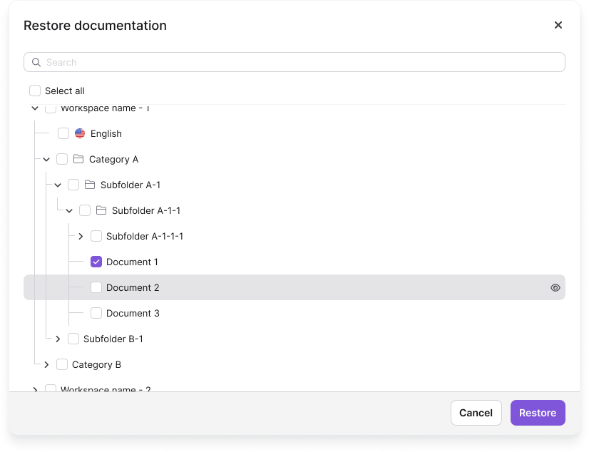 Restore documentation panel with workspace, language, and category checkboxes and the Select all toggle.