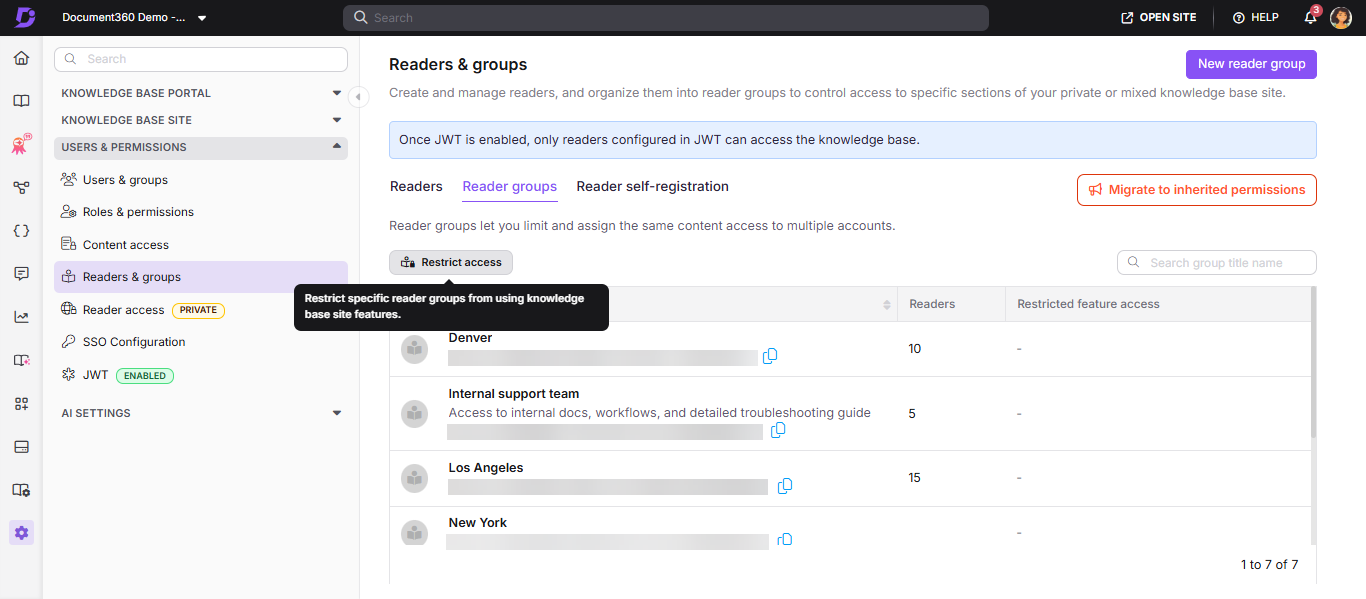 Manage reader groups and permissions in the knowledge base settings interface.