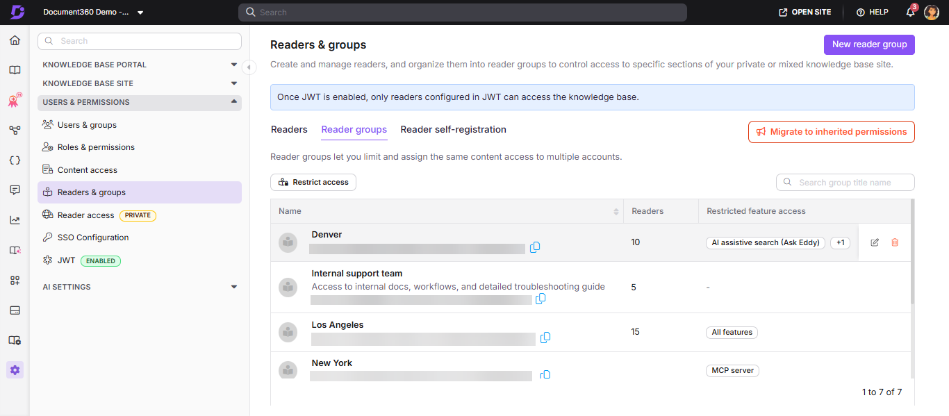 User and permission management interface displaying reader groups and access details.