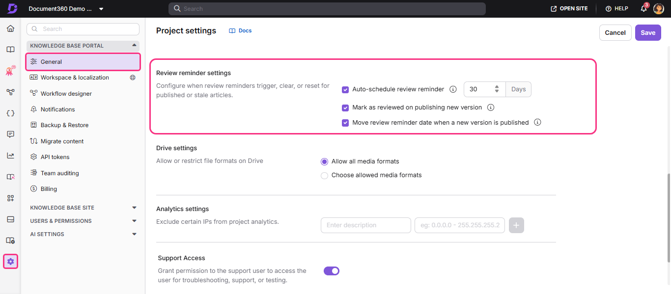 Settings page displaying review reminder options and media format permissions for knowledge base.