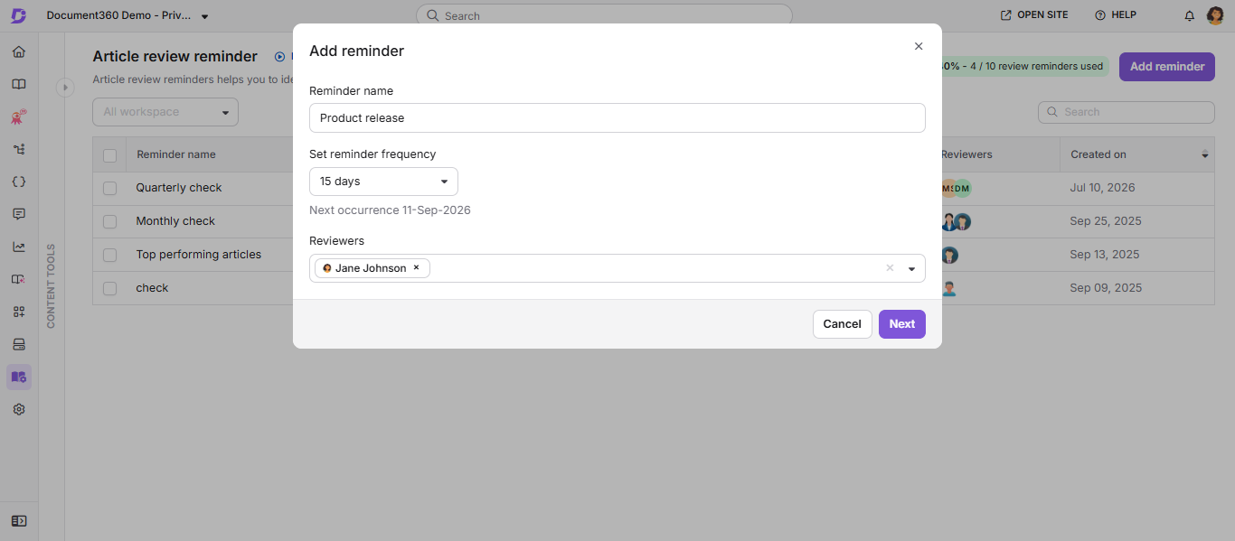 Create review reminder dialog showing reminder name, frequency, and reviewer fields