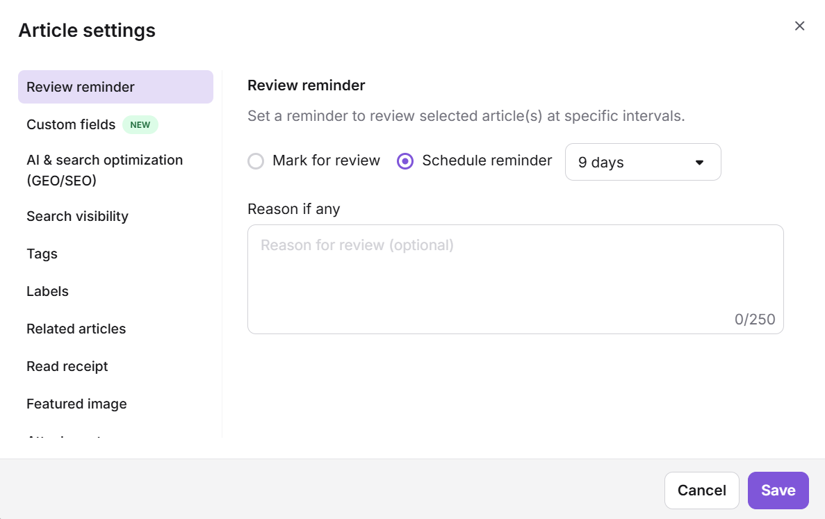 Review reminder tab in the Article settings panel showing Mark for review and Schedule reminder options