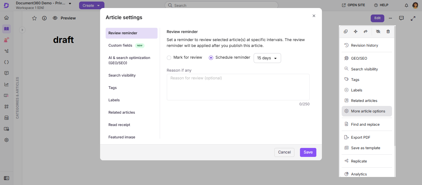 Review reminder tab in the Article settings panel showing Mark for review and Schedule reminder options