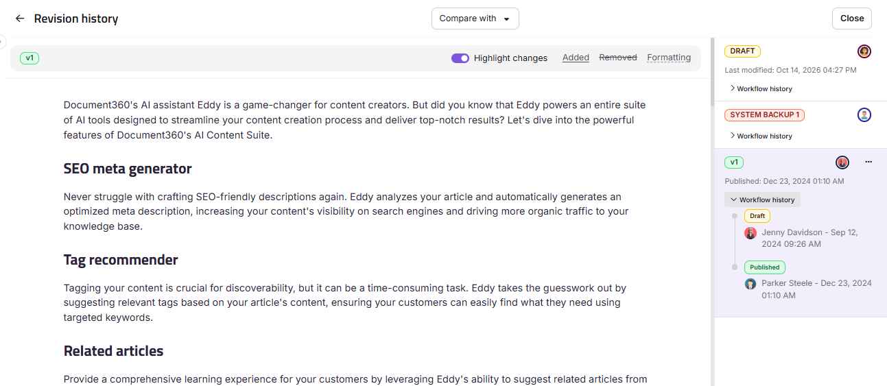 Revision history page showing a selected version with contributor changes highlighted and version cards on the right