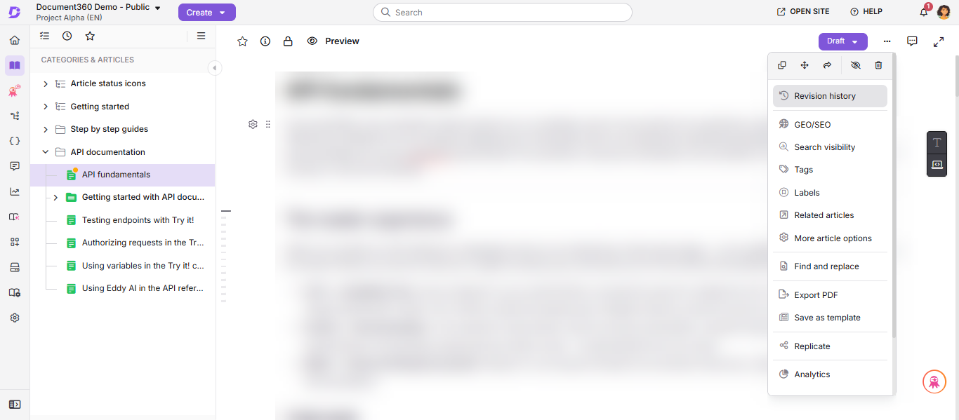 Revision history option in the More menu of the article editor