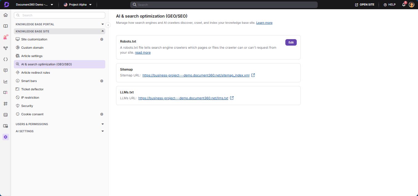 Robots.txt configuration panel in the knowledge base site settings