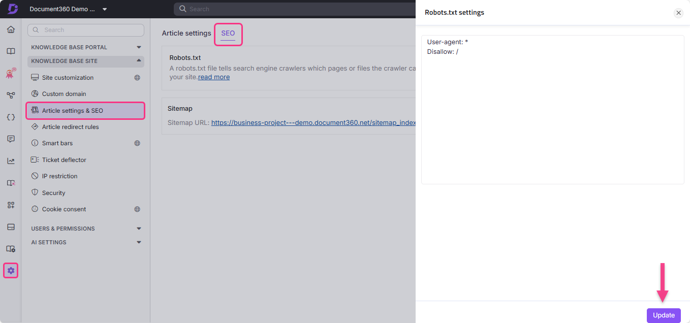 Settings page showing SEO options and robots.txt configuration for a knowledge base.