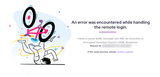 Error message displayed regarding remote login failure and SAML parsing issue.
