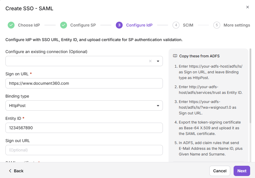The Configure IdP step in Document360 with the Configure an existing connection field, Sign on URL, Entity ID, SAML certificate upload, and Allow IdP initiated sign in toggle.