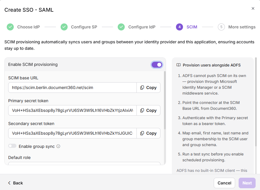 The SCIM step in Document360 with the Enable SCIM provisioning toggle.
