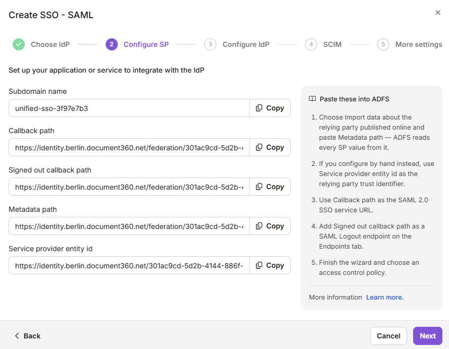 The Configure SP step in Document360 showing the service provider entity ID, callback paths, subdomain name, and metadata path to copy into ADFS.