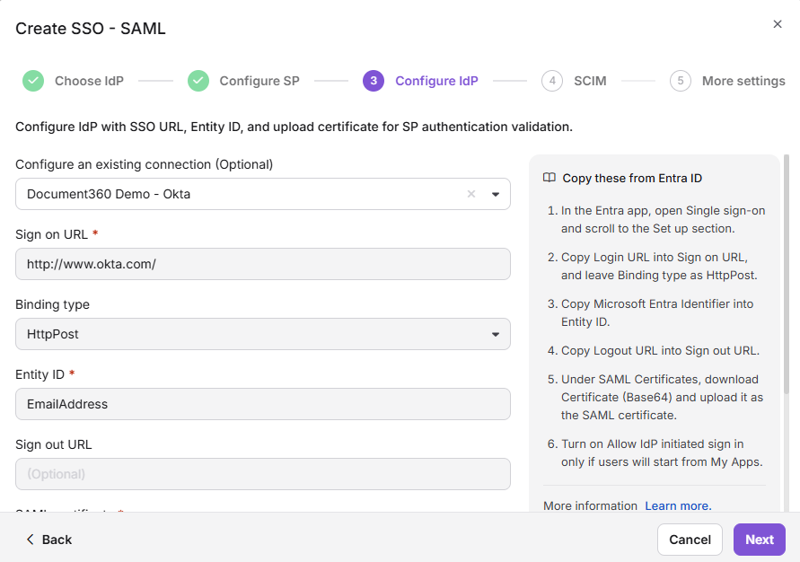 Configuration settings for Identity Provider with selected connection details displayed prominently.