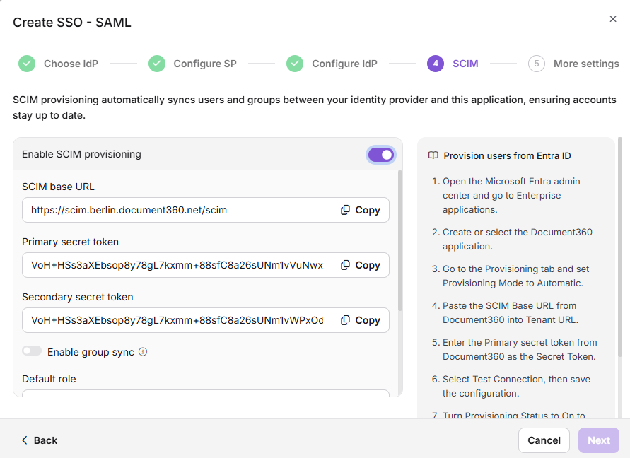 The SCIM step in Document360 with SCIM provisioning turned on, showing the SCIM base URL and secret tokens
