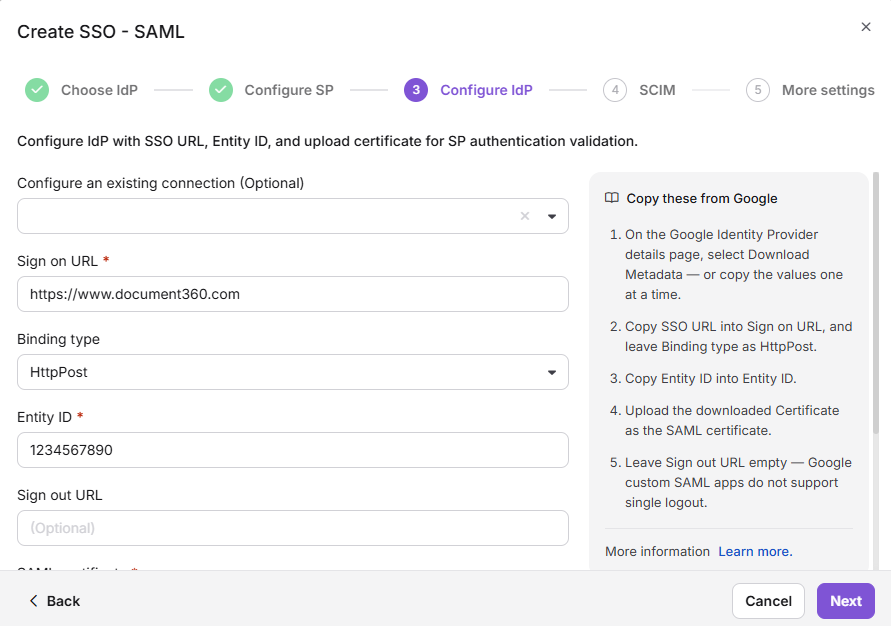 Configuration settings for Single Sign-On, highlighting Identity Provider and SAML certificate options.
