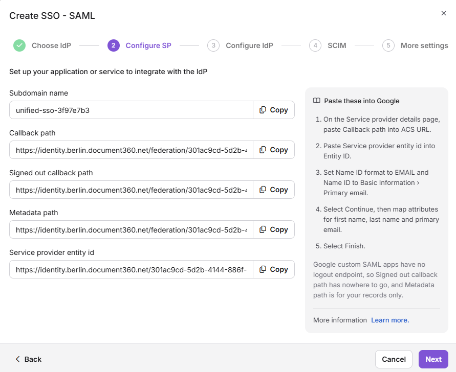 Configuration settings for Google Identity with highlighted callback paths and service provider ID.