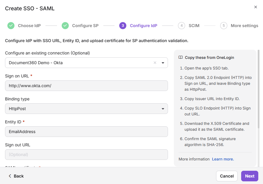 Configuration settings for Single Sign-On with highlighted URLs and options.