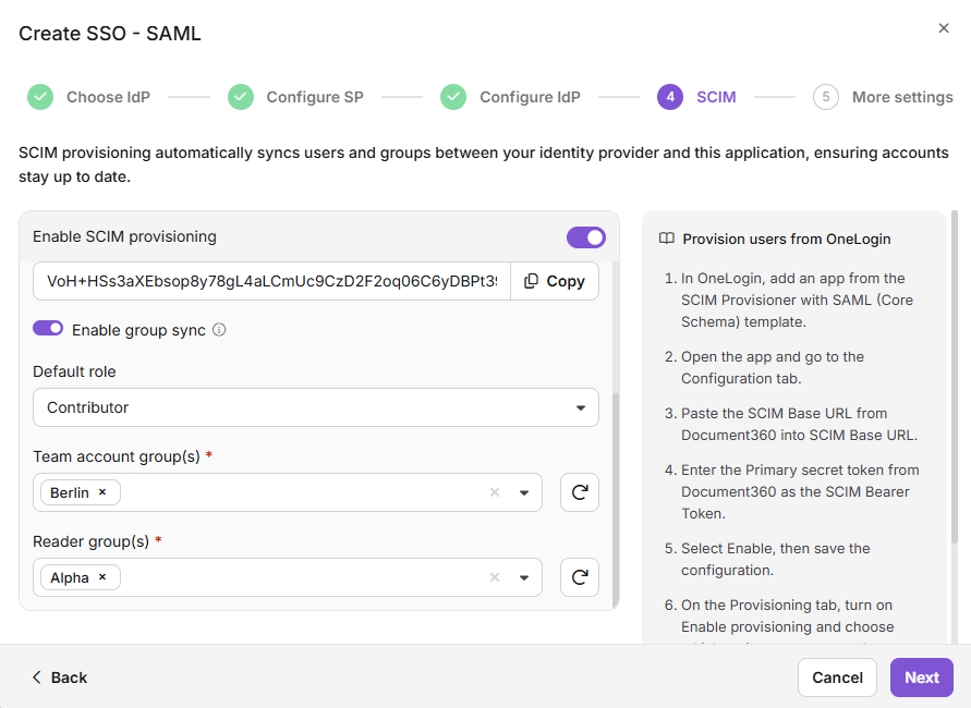 Configuration settings for SCIM provisioning with highlighted tokens and roles.