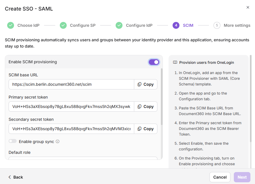 Settings for enabling SCIM provisioning in OneLogin configuration interface.