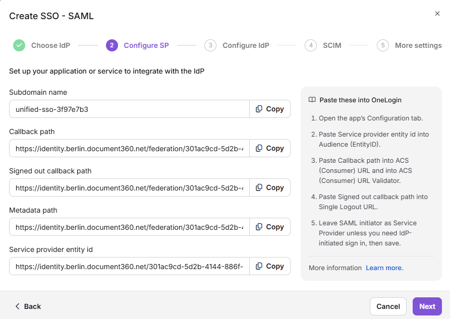 Configuration settings for OneLogin service provider with highlighted callback paths.