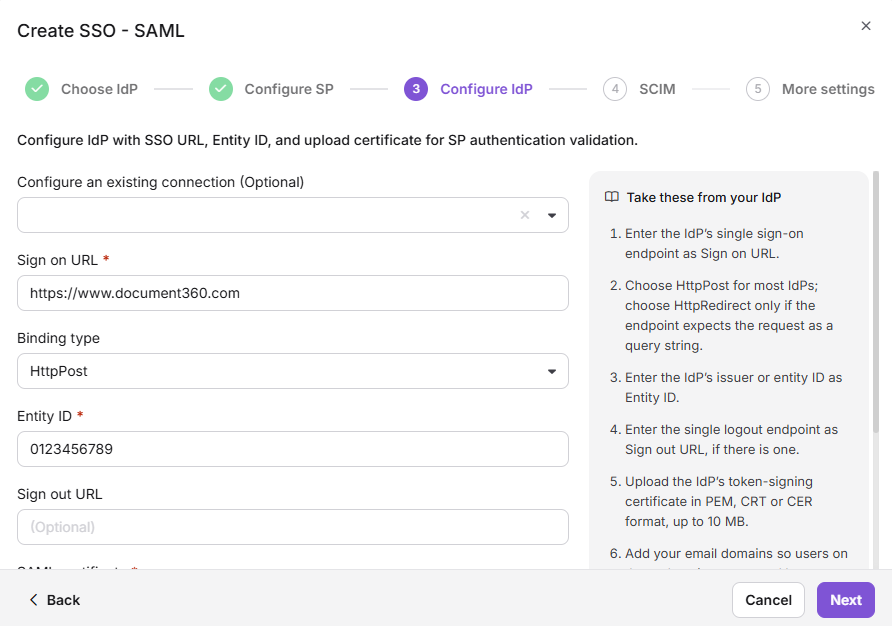 The Configure IdP step in Document360 with the Sign on URL, Entity ID, SAML certificate, and Allow IdP initiated sign in fields.