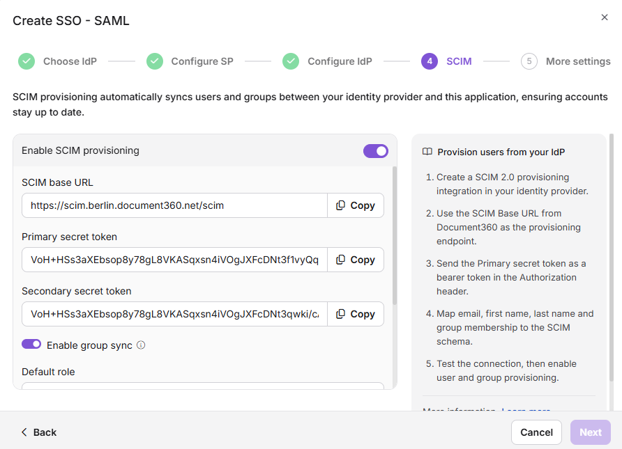The SCIM step in Document360 with SCIM provisioning turned on and the parameters to enter in your IdP.