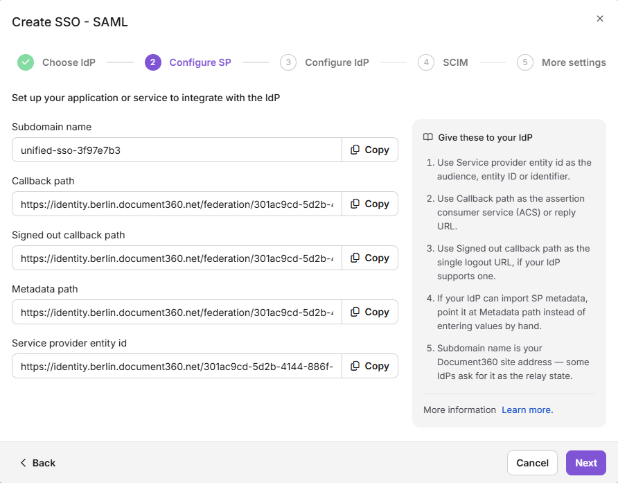 The Configure SP step in Document360 with the callback paths and service provider entity ID highlighted.